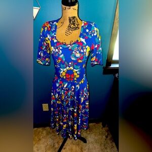 Lularoe Nicole Dress Blue Yellow & Red Pattern Teacher Dress Size: Medium